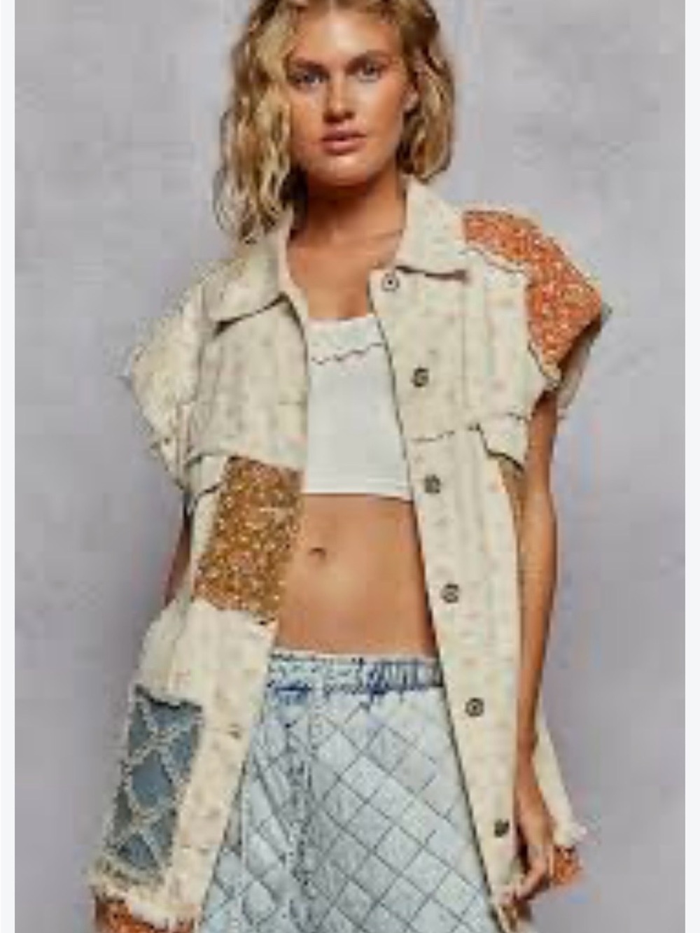 POL Cream and Orange Patchwork Sleeveless Jean Jacket (small shoulder pads)